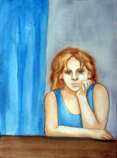 ESPERANDO QUE PASE LA LLUVIA II Acuarela Papel Retrato