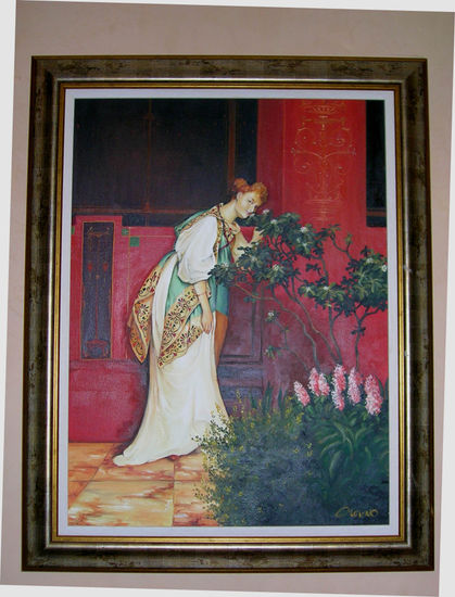 mujer posando con flores Oil Canvas