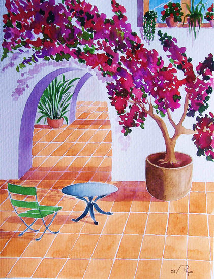 patio con silla verde Watercolour Paper Landscaping