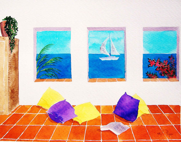 patio con cojines Acuarela Papel Paisaje