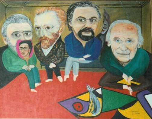 "Famosos y no tan famosos" (Cubiles, van Gogh, Botero y Miró) Acrylic Textile Portrait