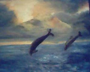 DELFINES  AL  OCASO Oil Canvas Marine Painting