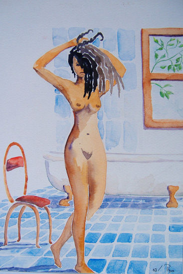 en el baño Watercolour Paper Nude Paintings