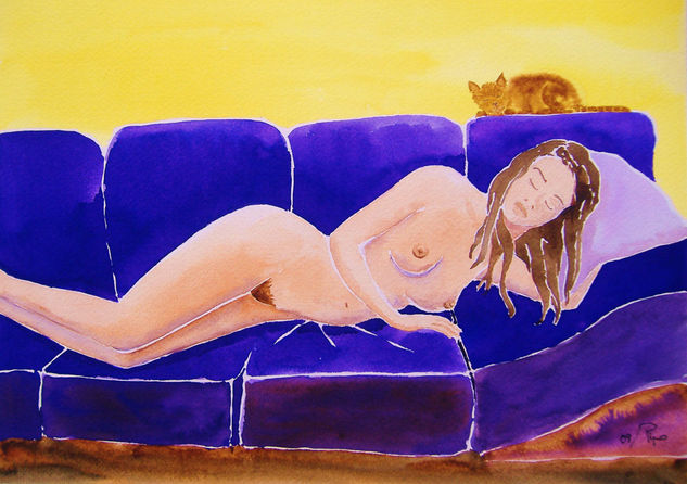 la chica y el gato Watercolour Paper Nude Paintings