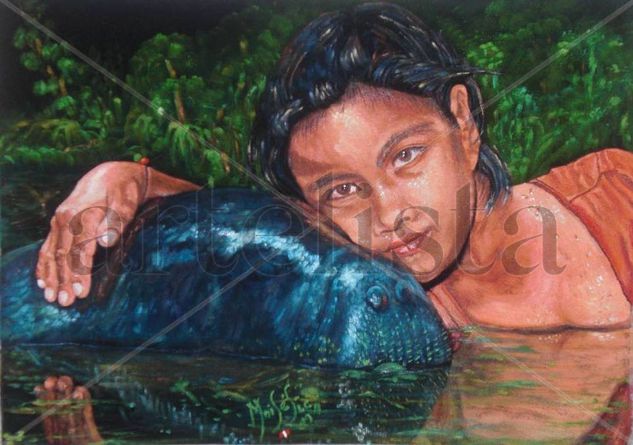 la niña su amigo manati Oil Canvas Landscaping