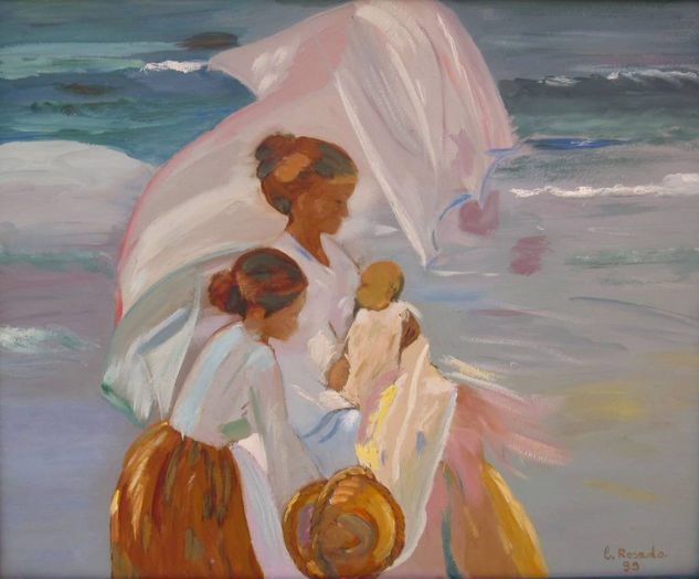 En la playa. Copia Oil Panel Figure Painting