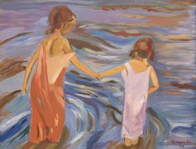 Niñas en el mar - Copia de Sorolla Oil Canvas Figure Painting