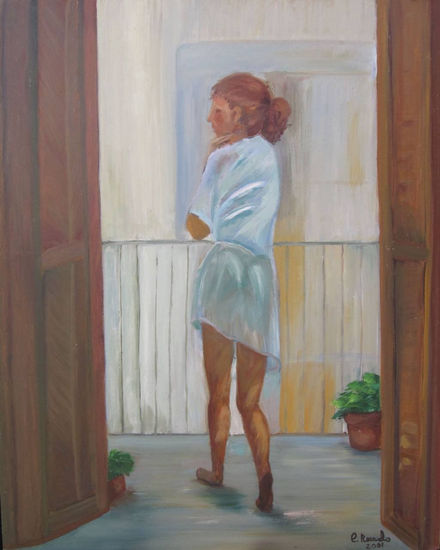 Mujer en balcón Oil Panel Figure Painting