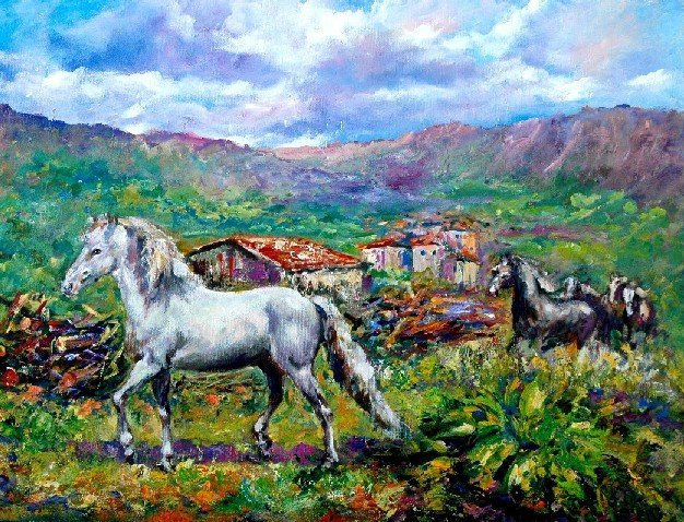 Paisaje con Caballos Oil Canvas Animals