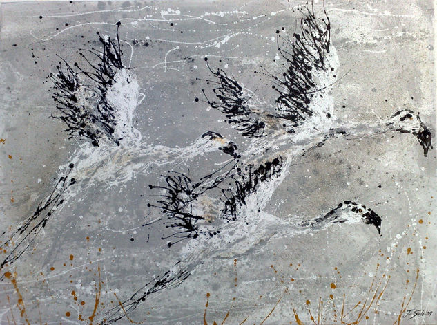 El vuelo de los flamencos Mixed media Canvas Landscaping