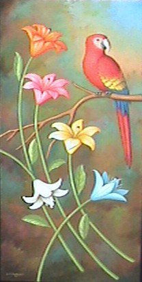 GUACAMAYA CON FLORES Oil Canvas Floral Painting