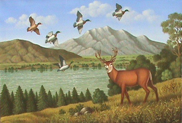 VENADO CON PATOS Óleo Lienzo Paisaje