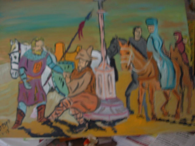 El CID Y EL LEPROSO , ÓLEO SOBRE MADERA , 80X60 DE cRESPO Óleo Tabla Paisaje