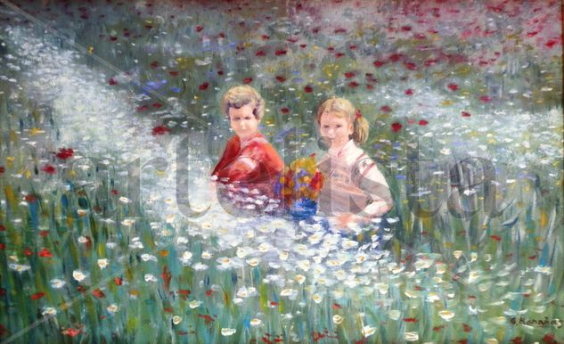 Niños entre las flores. Oil Panel Portrait