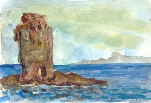 Torreón derruído en el mar Watercolour Canvas Landscaping