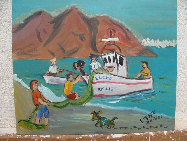 Pescadores en cabo de Gata ,Almeria óleo sobre madera 40x40, autor Crespo Oil Panel Landscaping