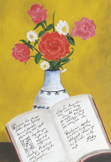 FLORES Y LIBRO Oil Canvas Floral Painting