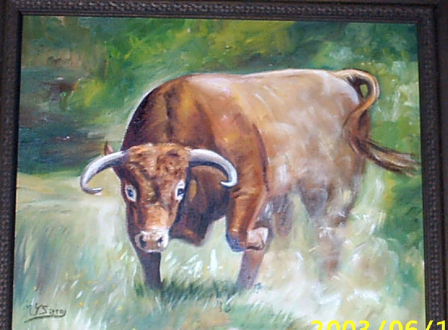 "Embistiendo" Oil Canvas Animals