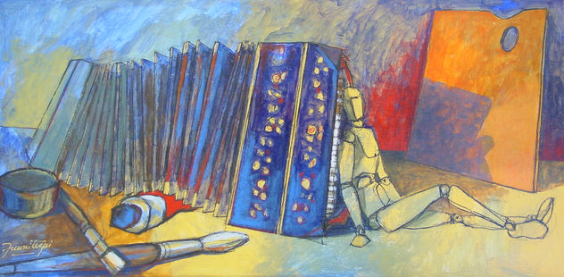 Interior de atelier con bandoneón y muñeco articulado