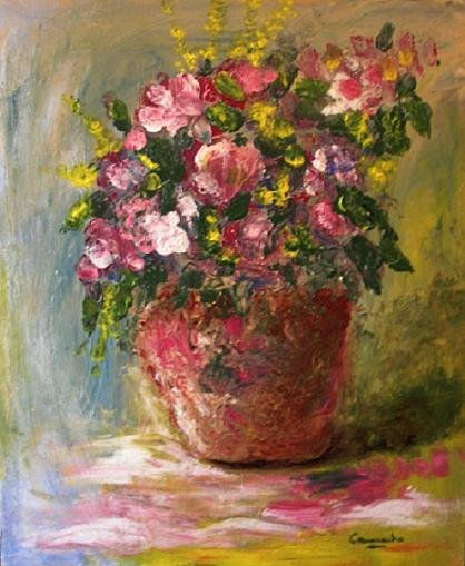 MACETERO CON FLORES Acrylic Panel Still Life Paintings