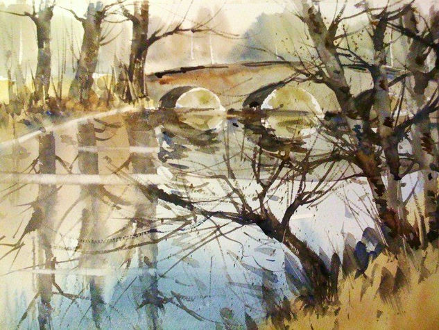 Reflejo del puente Acuarela Papel Paisaje