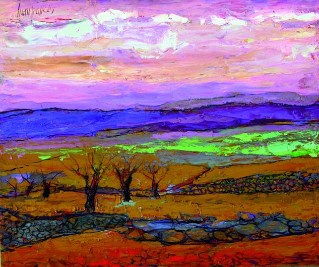 Paisaje con cielo rosa Oil Panel Landscaping