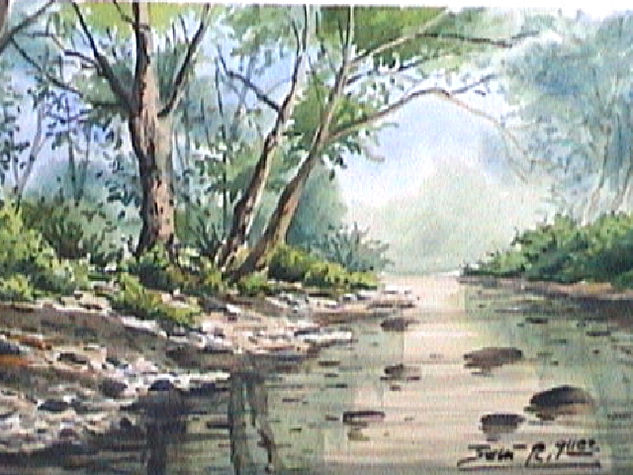 rio con arboles Acuarela Papel Paisaje