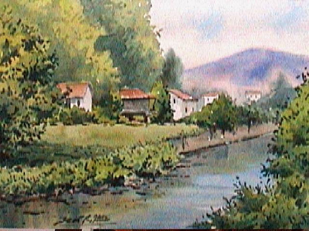 rio en Villaviciosa. En ella se muestra el rio y un horreo entre casas.