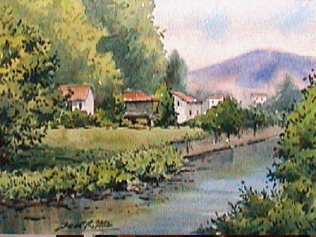 rio en Villaviciosa. En ella se muestra el rio y un horreo entre casas. Acuarela Papel Paisaje