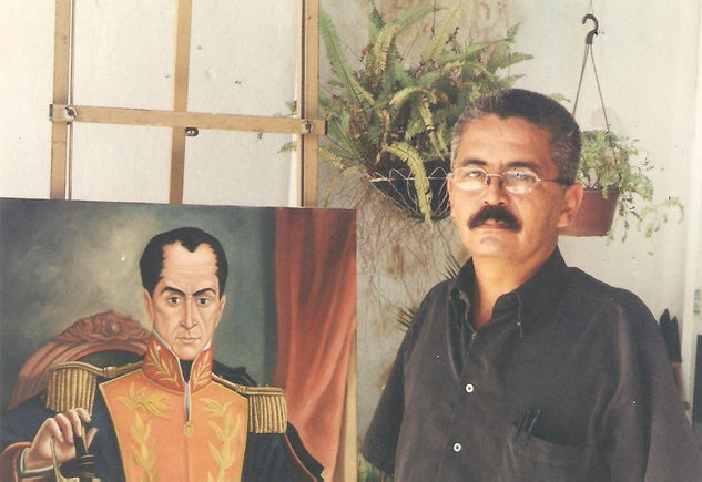 FREDDY G. PEÑA EN SU ESTUDIO JUNTO A SU OBRA SOBRE EL LIBERTADOR DE NACIONES SIMON BOLIVAR. Retrato Color (Química)