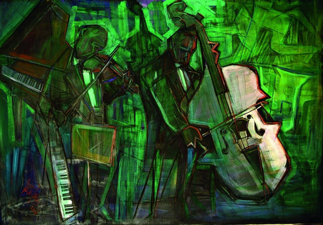 Músicos (contrabajo y violín) Acrylic Canvas Figure Painting