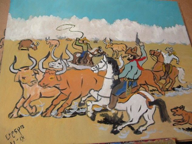 Vuidando el ganado Far West, óleo sobre tablex, 50x60 de Crespo Óleo Tabla Paisaje