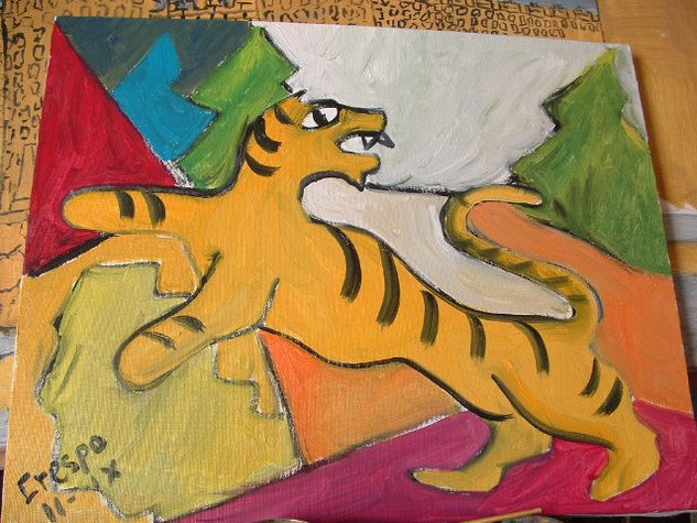 Tigre en la selva,óleo sobre lienzo en bastidor ,44x36 cm. de Crspo Oil Canvas Landscaping