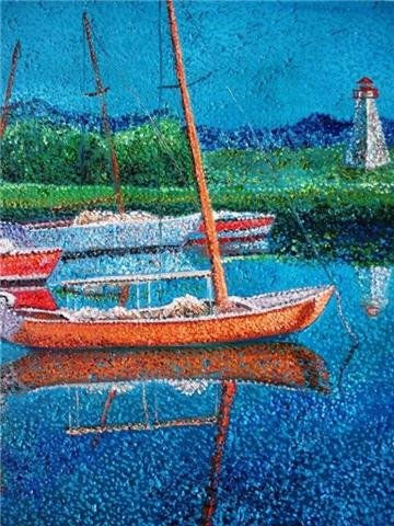 BARCAS CON FARO Oil Canvas Marine Painting