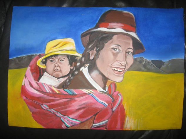 Mujer Peruana con hijo Acrylic Canvas Portrait