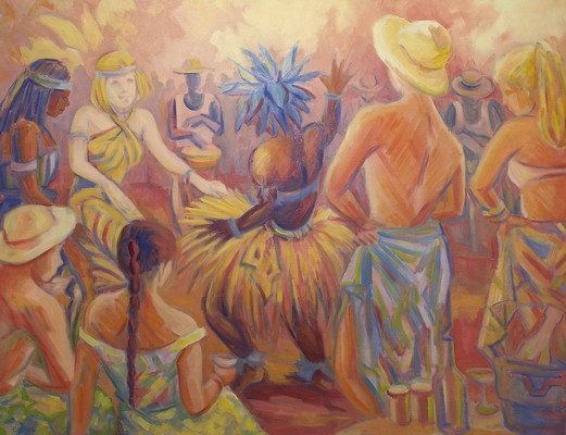 Fiesta del Pareo con Bailarina Bantú Oil Canvas Figure Painting