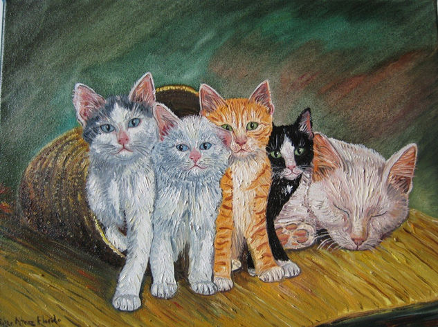 GATA DORMIDA Y FAMILIA Oil Canvas Animals