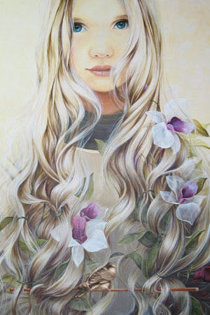 Niña con flores  y pájaro