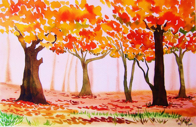 otoño Acuarela Papel Paisaje