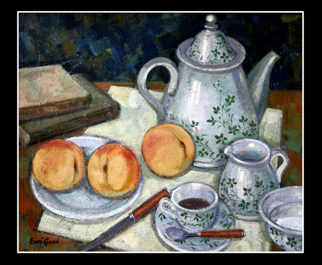 BODEGON CON MELOCOTONES Oil Panel Still Life Paintings