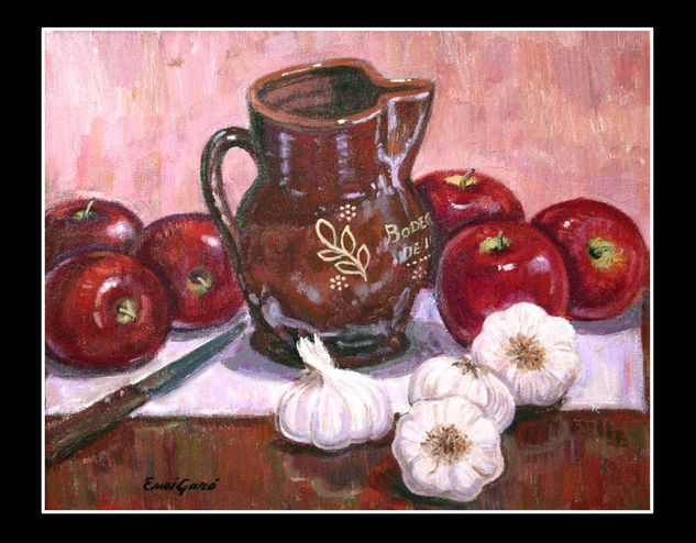 BODEGON CON AJOS Y MANZANAS Oil Panel Still Life Paintings