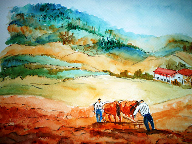 Agricultores Acuarela Papel Paisaje