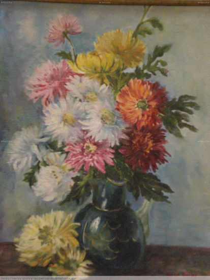 Crisantemos en jarra verde Oil Canvas Floral Painting