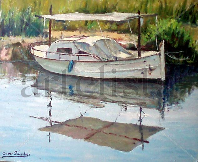 barca con toldo Oil Paper Marine Painting