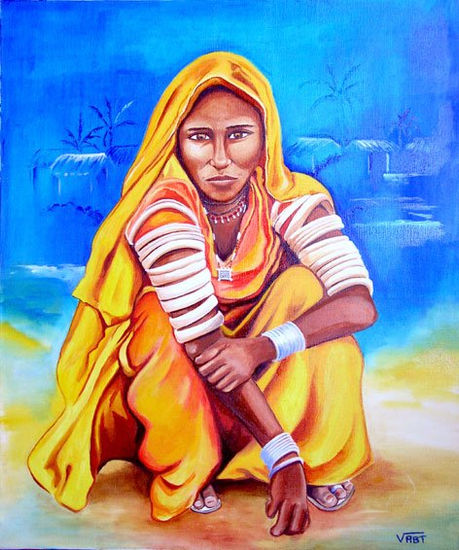 Mujer con un sari azafran Oil Canvas Portrait