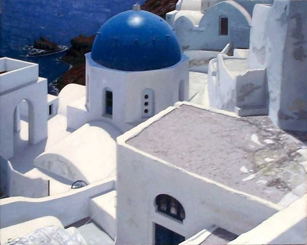 Cúpula azul entre casas encaladas y mar Óleo Lienzo Paisaje