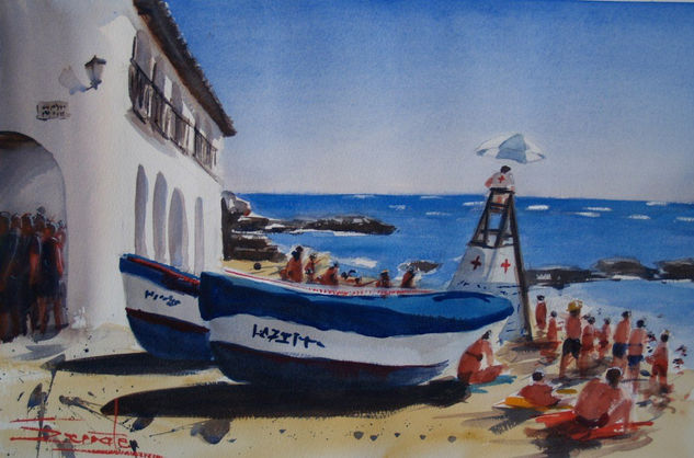 Día de playa en Calella de Palafrugrell Watercolour Paper Marine Painting