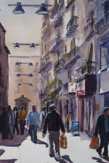 Calle de la Virgen del Carmen en Lleida Acuarela Papel Paisaje