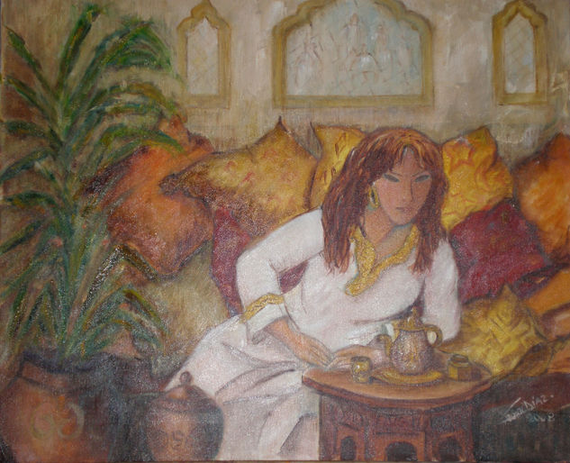 En la Tetería Oil Canvas Figure Painting