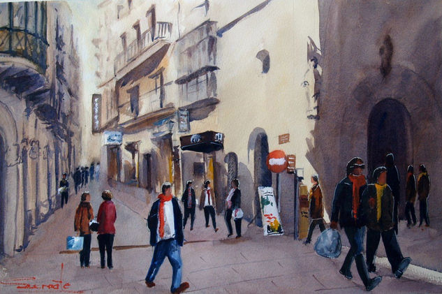 Eix comercial- calle "Cavallerts" de Lleida Acuarela Papel Paisaje